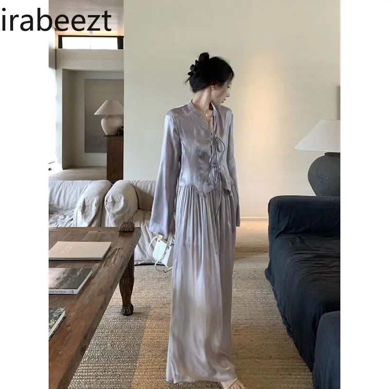 Women's Satin Bow Tie Blouse & High-Waisted Straight-Leg Palazzo Pants 2-Piece Fall Set  Autumn Outfit Modern Chinese Design