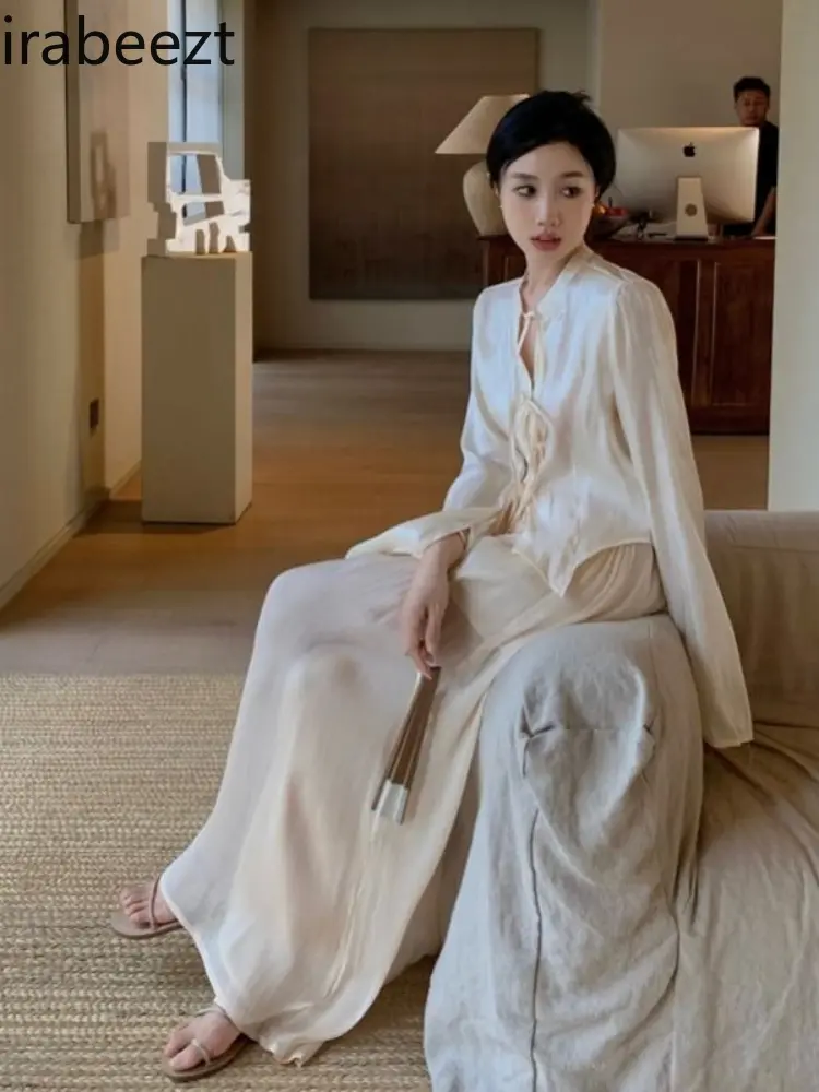 Women's Satin Bow Tie Blouse & High-Waisted Straight-Leg Palazzo Pants 2-Piece Fall Set  Autumn Outfit Modern Chinese Design