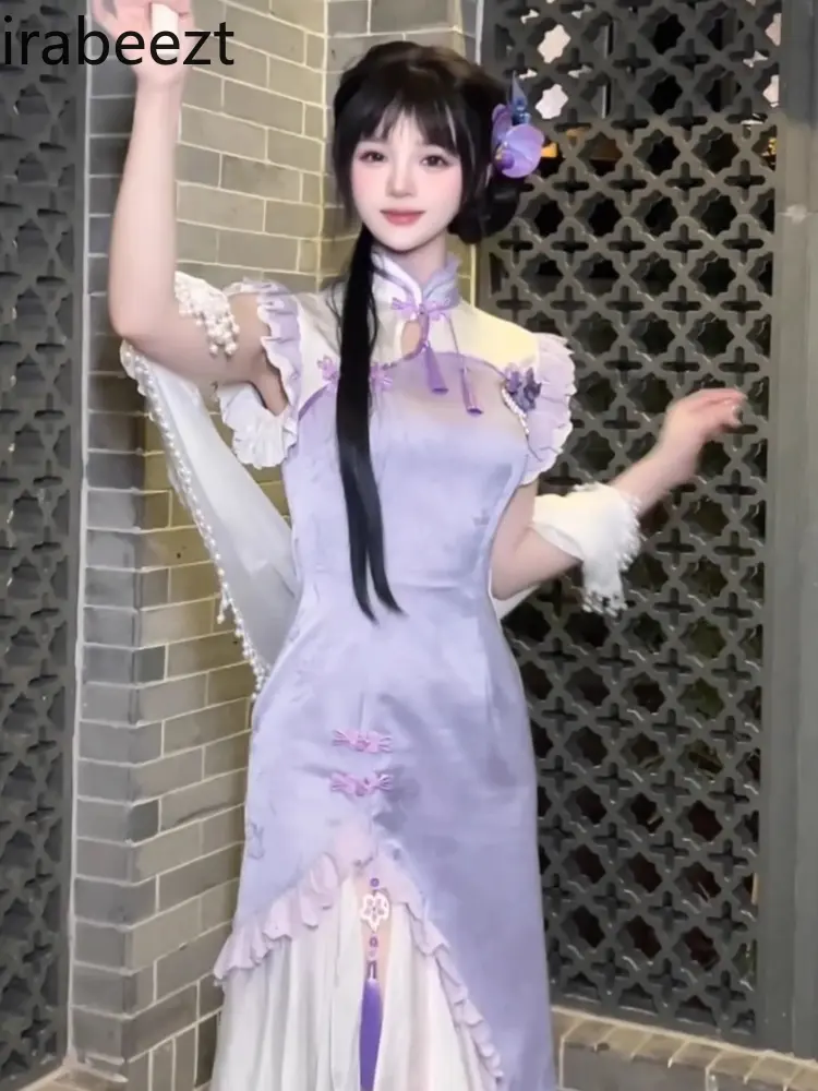 Chinese Style Lolita Dress Qipao Cheongsam Vintage Floral Embroidery Elegant Women Long Dress with Cape Modest Fashion 2025 New