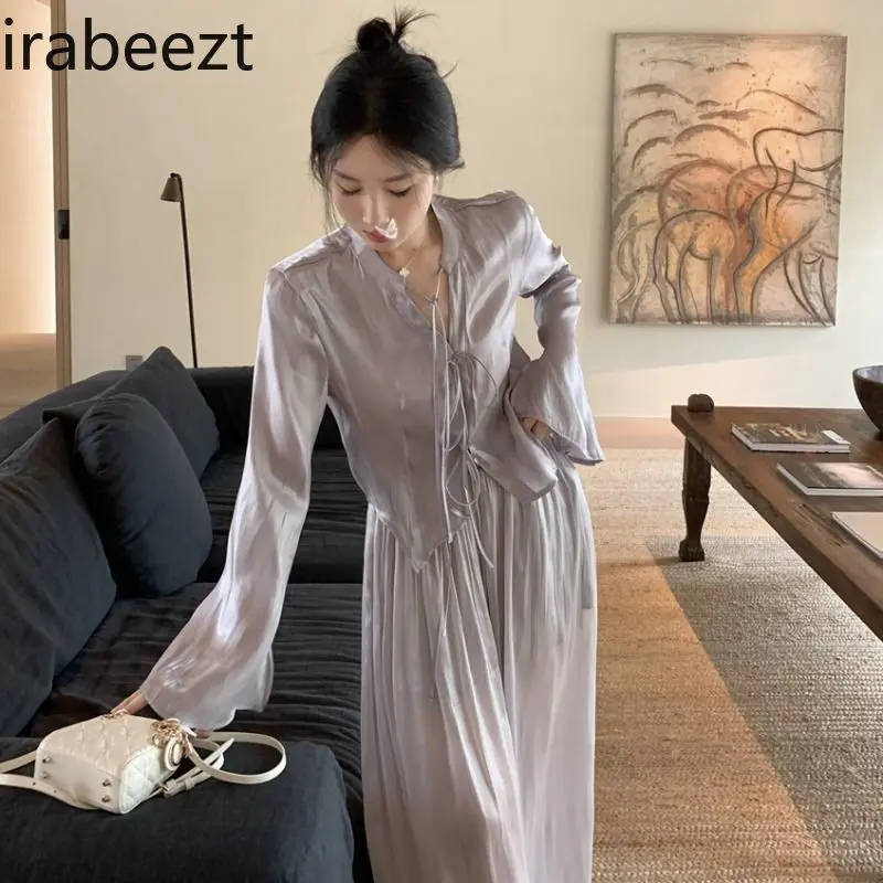 Women's Satin Bow Tie Blouse & High-Waisted Straight-Leg Palazzo Pants 2-Piece Fall Set  Autumn Outfit Modern Chinese Design