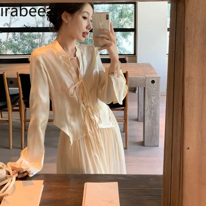 Women's Satin Bow Tie Blouse & High-Waisted Straight-Leg Palazzo Pants 2-Piece Fall Set  Autumn Outfit Modern Chinese Design