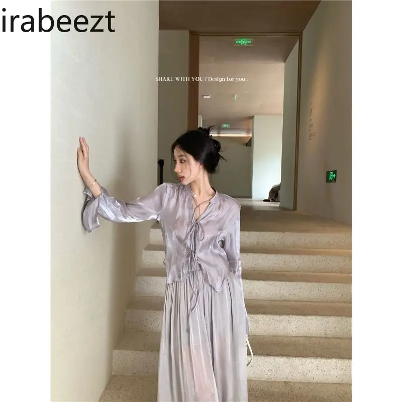 Women's Satin Bow Tie Blouse & High-Waisted Straight-Leg Palazzo Pants 2-Piece Fall Set  Autumn Outfit Modern Chinese Design