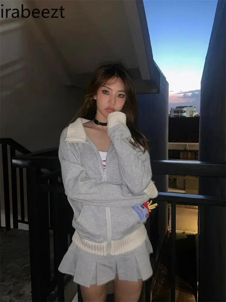 American Girl Grey Knit Patchwork Hoodie Coat Female Autumn and Winter Slimming Short Zipper Cardigan Jackets for Women