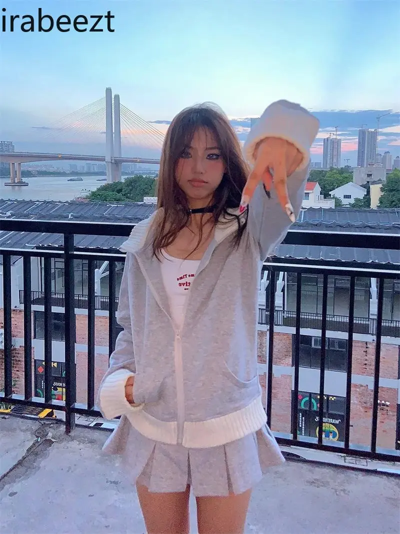American Girl Grey Knit Patchwork Hoodie Coat Female Autumn and Winter Slimming Short Zipper Cardigan Jackets for Women