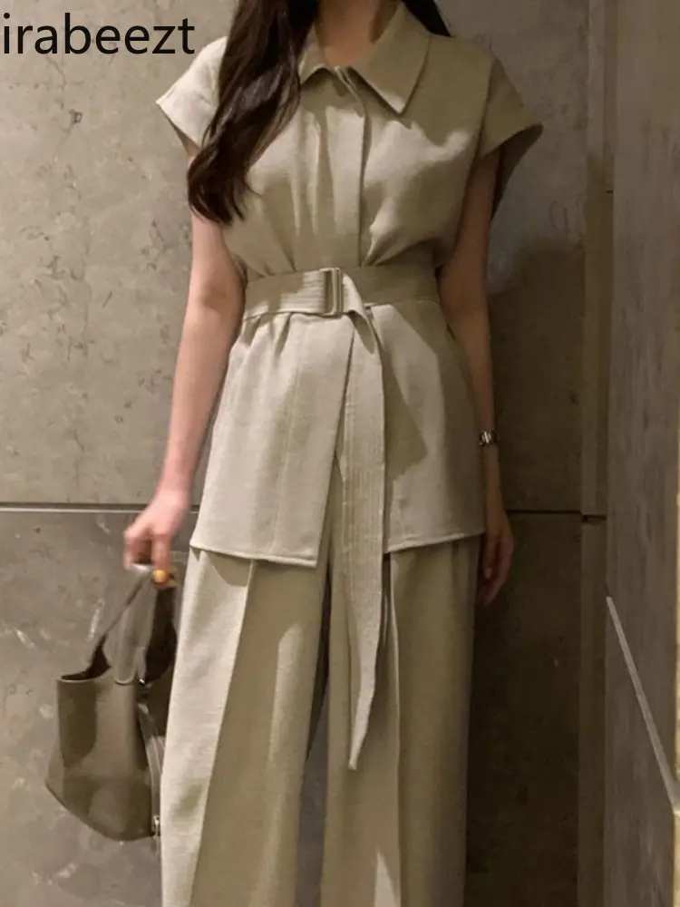Fashion Suit for Women French Temperament Tie Waist White Shirt Summer High Waist Wide Leg Casual Pants Two Piece Suit