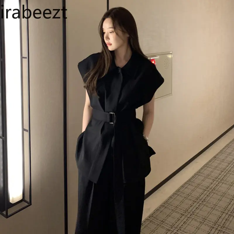 Fashion Suit for Women French Temperament Tie Waist White Shirt Summer High Waist Wide Leg Casual Pants Two Piece Suit