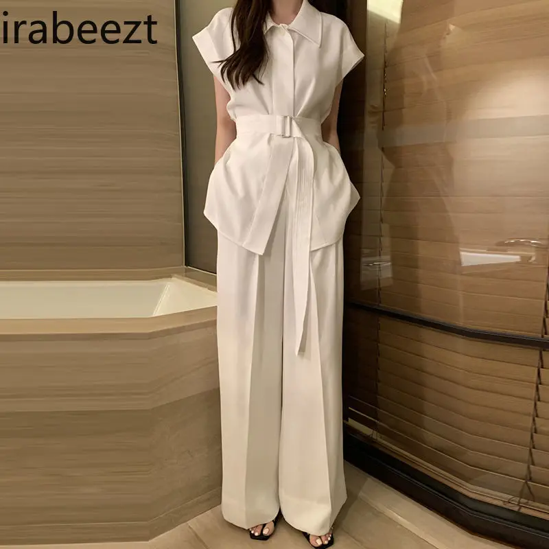 Fashion Suit for Women French Temperament Tie Waist White Shirt Summer High Waist Wide Leg Casual Pants Two Piece Suit