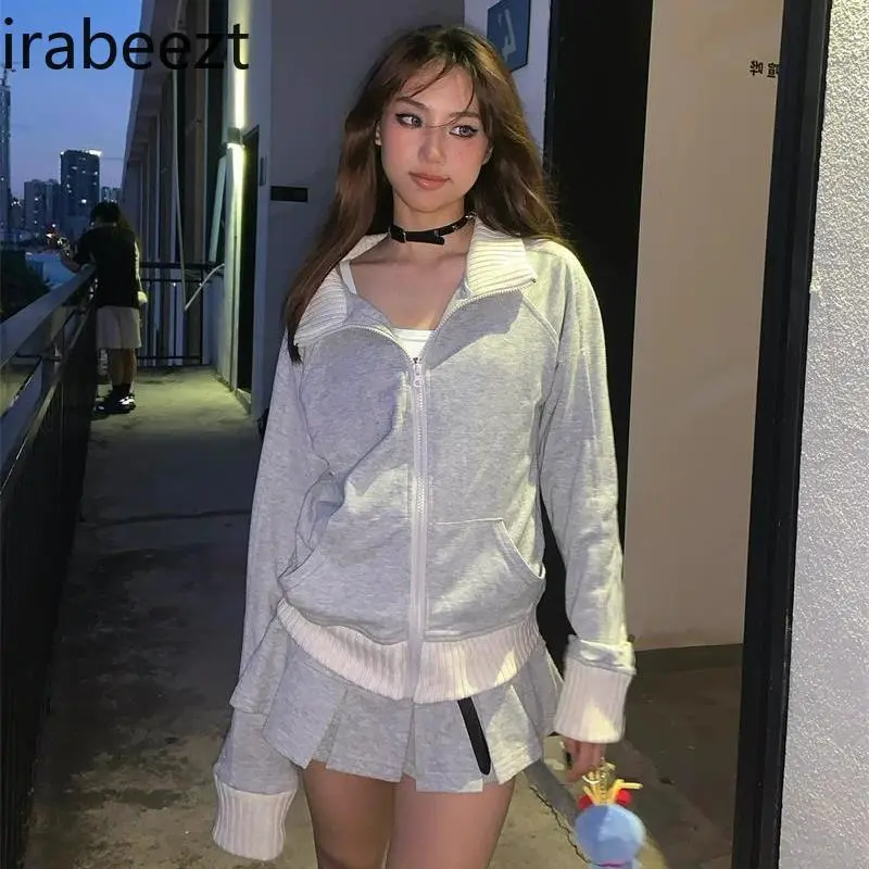 American Girl Grey Knit Patchwork Hoodie Coat Female Autumn and Winter Slimming Short Zipper Cardigan Jackets for Women