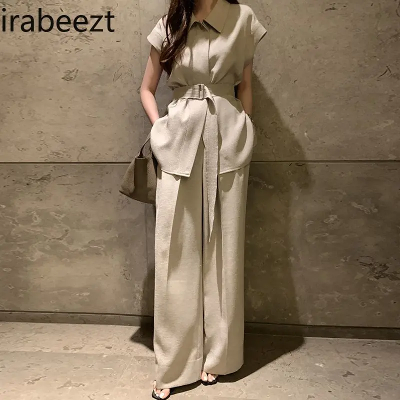 Fashion Suit for Women French Temperament Tie Waist White Shirt Summer High Waist Wide Leg Casual Pants Two Piece Suit