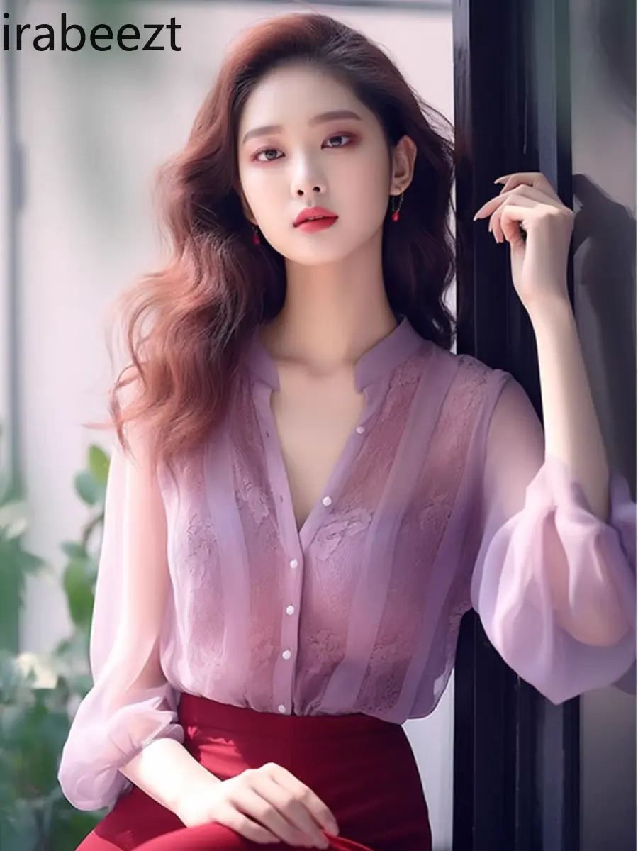 2025 Spring Purple Chiffon Blouse Women Tops V-neck Shirt Lace Casual Shirts Blusas Mujer