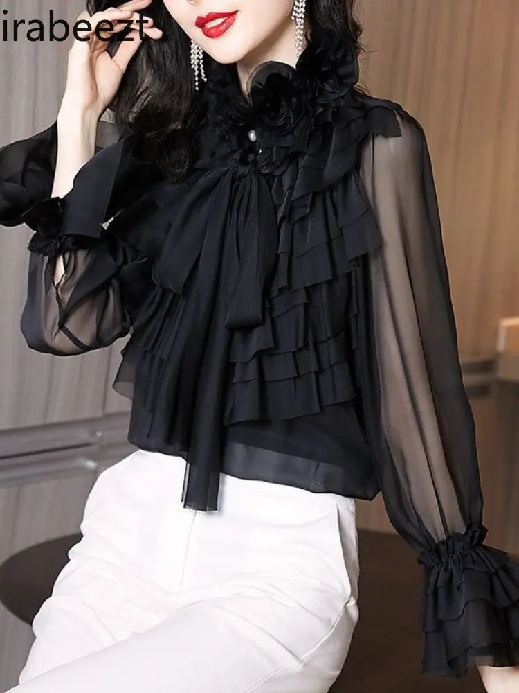 2025 New Retro Hong Kong Style French Light Ruffle Design Niche Professional Chiffon Shirt Tops for Women Blusas De Mujer