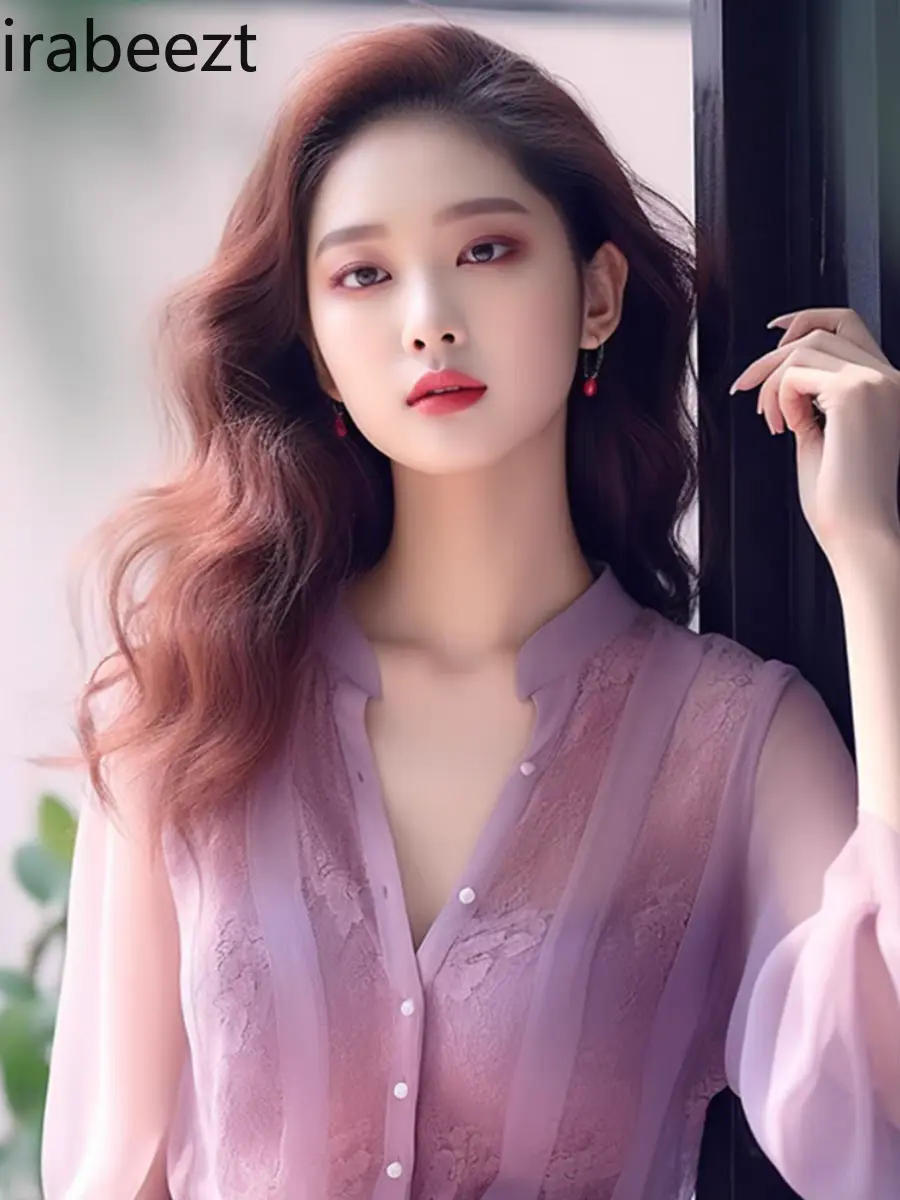 2025 Spring Purple Chiffon Blouse Women Tops V-neck Shirt Lace Casual Shirts Blusas Mujer