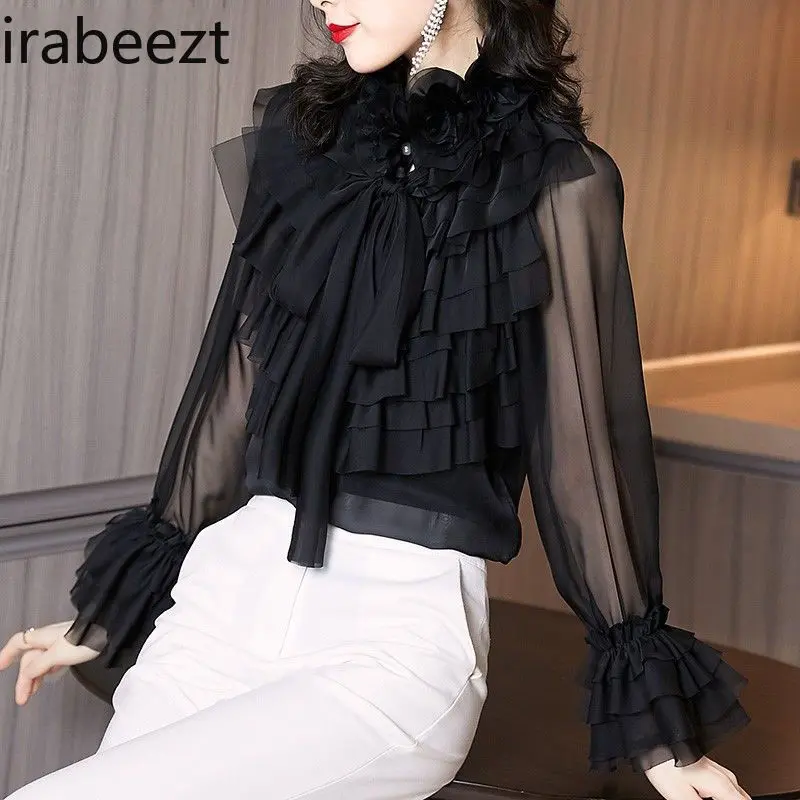 2025 New Retro Hong Kong Style French Light Ruffle Design Niche Professional Chiffon Shirt Tops for Women Blusas De Mujer