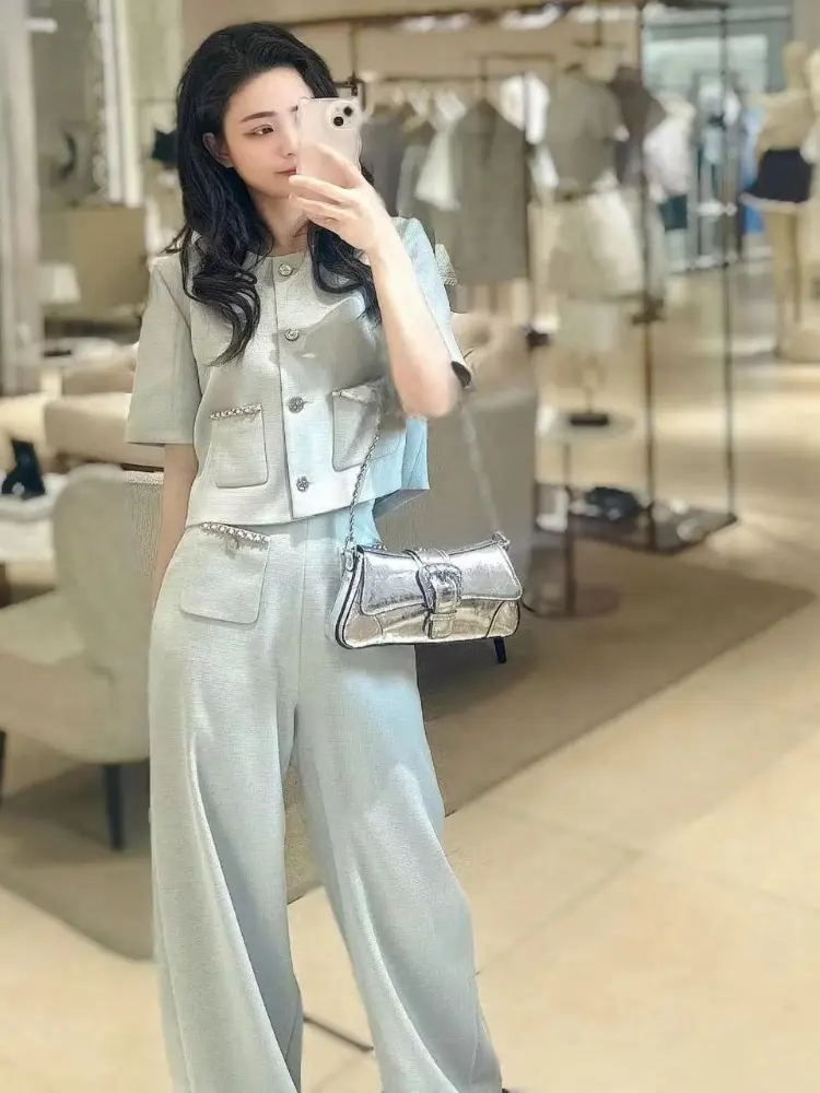Short-sleeved New Age-reducing Fashion Temperament Top Wide-leg Pants Suit Summer Two-piece Set Conjunto Femenino