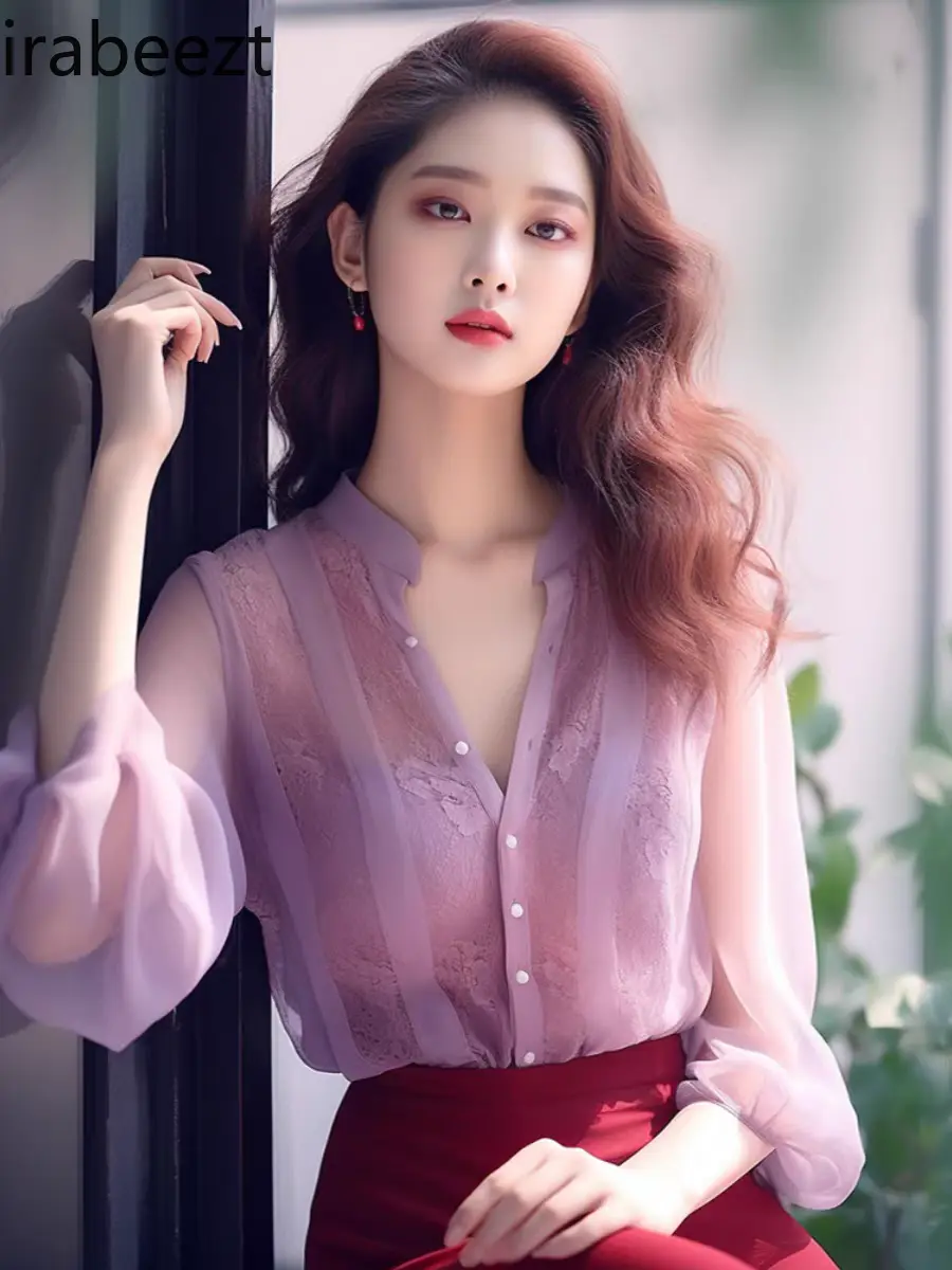 2025 Spring Purple Chiffon Blouse Women Tops V-neck Shirt Lace Casual Shirts Blusas Mujer