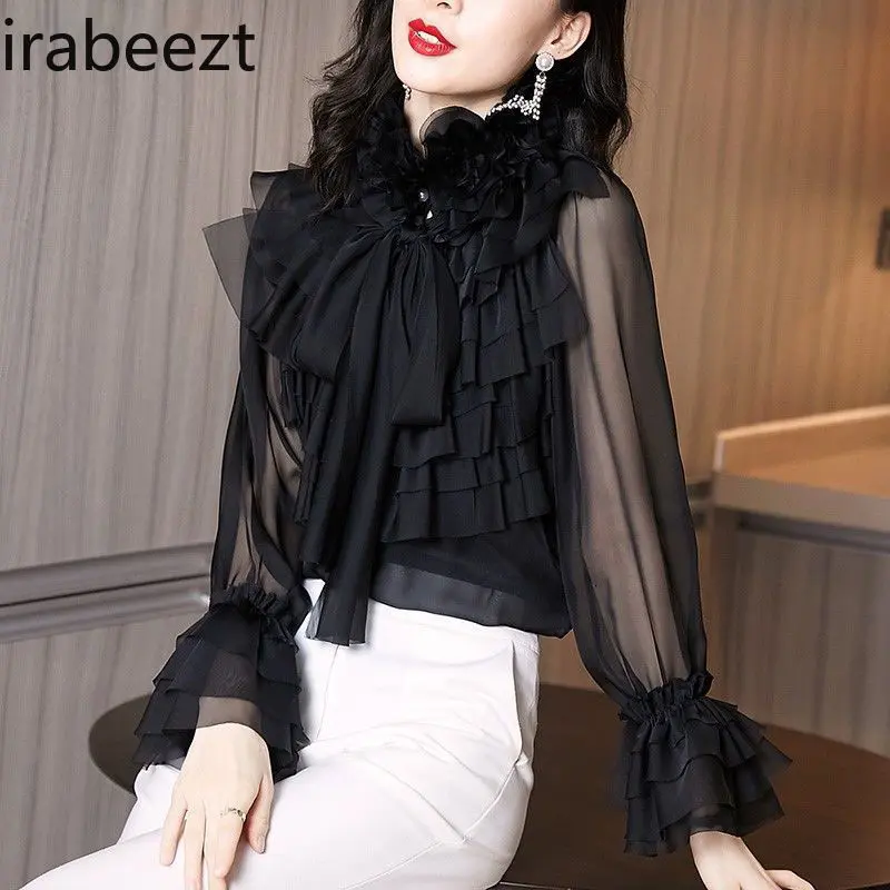 2025 New Retro Hong Kong Style French Light Ruffle Design Niche Professional Chiffon Shirt Tops for Women Blusas De Mujer