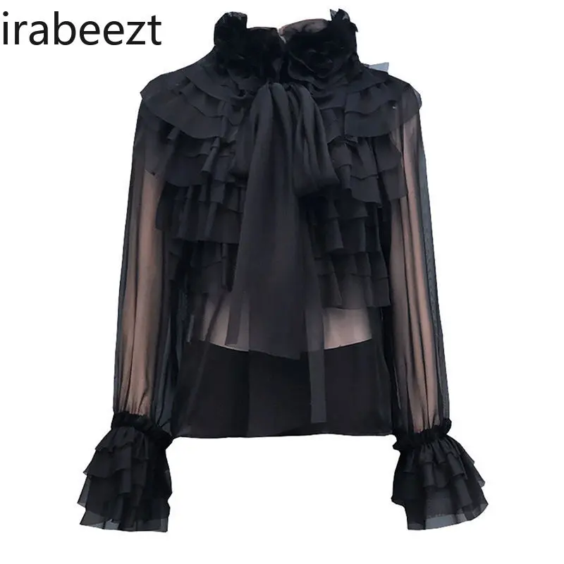 2025 New Retro Hong Kong Style French Light Ruffle Design Niche Professional Chiffon Shirt Tops for Women Blusas De Mujer
