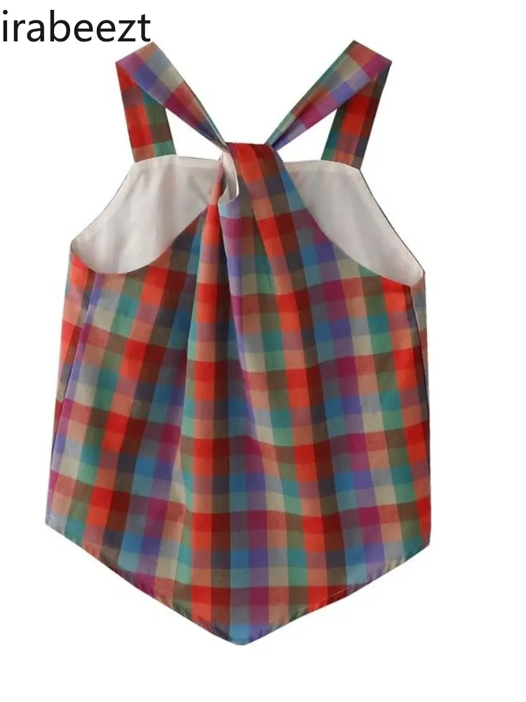 Summer New Niche Design Retro Color Contrast Plaid Loose Irregular Small Halter Vest Korean Fashion Clothing Casual Crop Tops