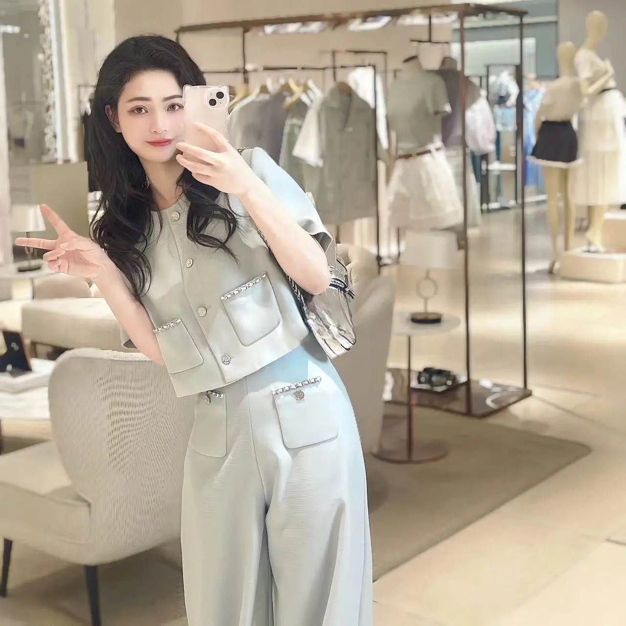Short-sleeved New Age-reducing Fashion Temperament Top Wide-leg Pants Suit Summer Two-piece Set Conjunto Femenino