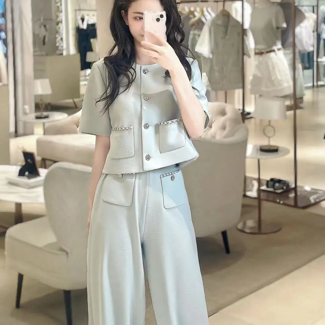 Short-sleeved New Age-reducing Fashion Temperament Top Wide-leg Pants Suit Summer Two-piece Set Conjunto Femenino