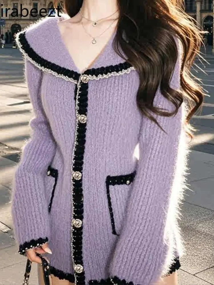 Winter Gentle Temperament Age-reducing Furry Purple Sweater French Fashion High-end Sense Good-looking Lapel Cardigan Coat