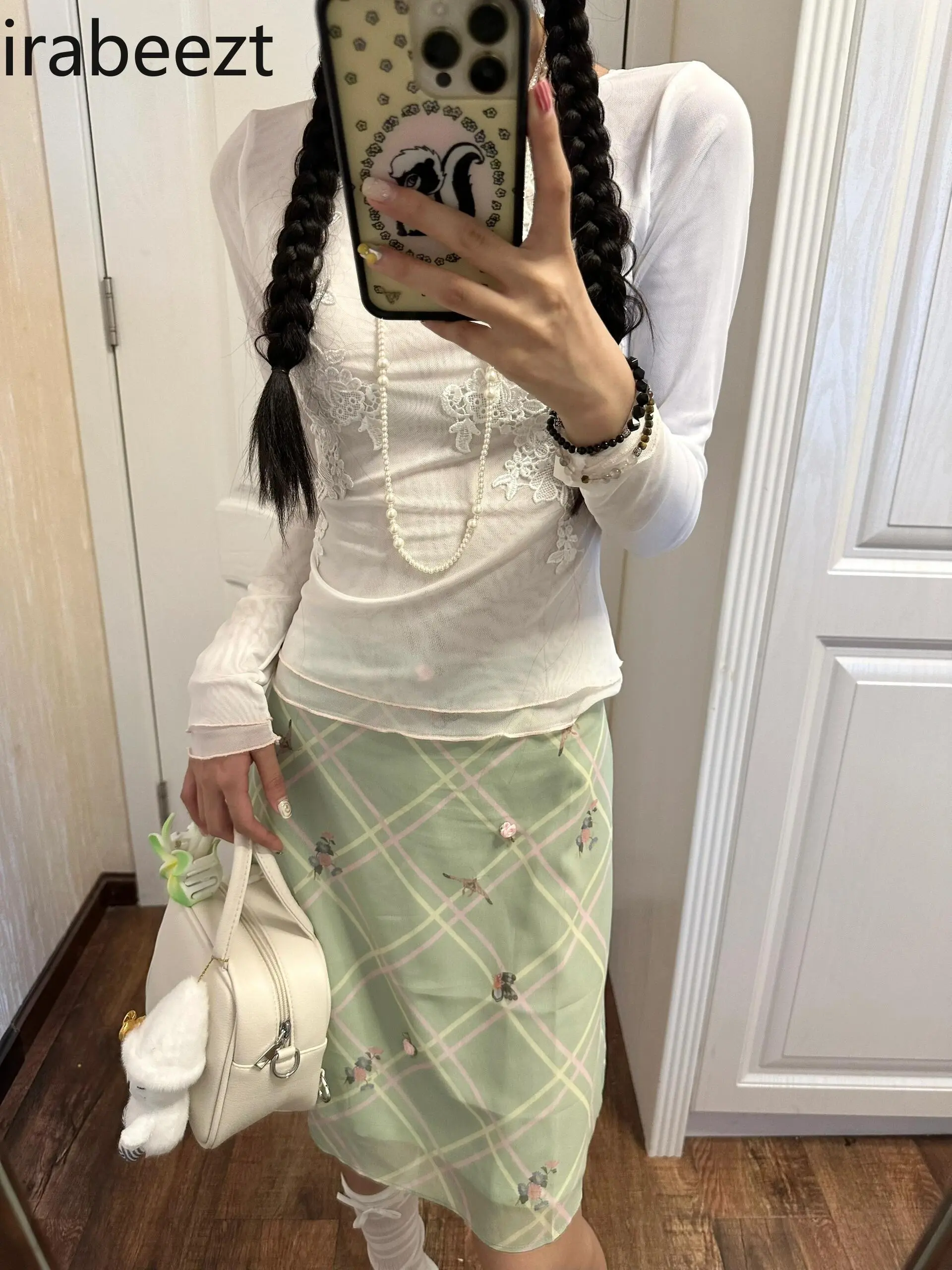 Romantic French Mint Mambo Plaid A-line New Summer Skirt Retro Hot Girl Regulai Fit Y2k Clothes Faldas Mujer Moda 2025