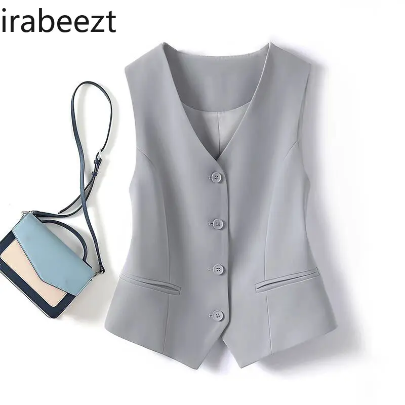 Blue Women's Waistcoat Vest Slim Fit Short Sleeveless Jacket for Layering Spring Autumn Fashion Outerwear