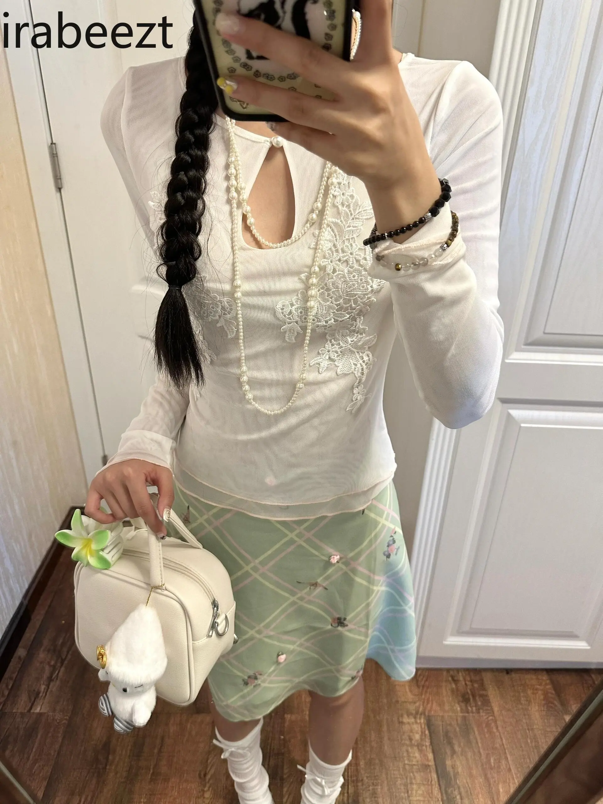 Romantic French Mint Mambo Plaid A-line New Summer Skirt Retro Hot Girl Regulai Fit Y2k Clothes Faldas Mujer Moda 2025
