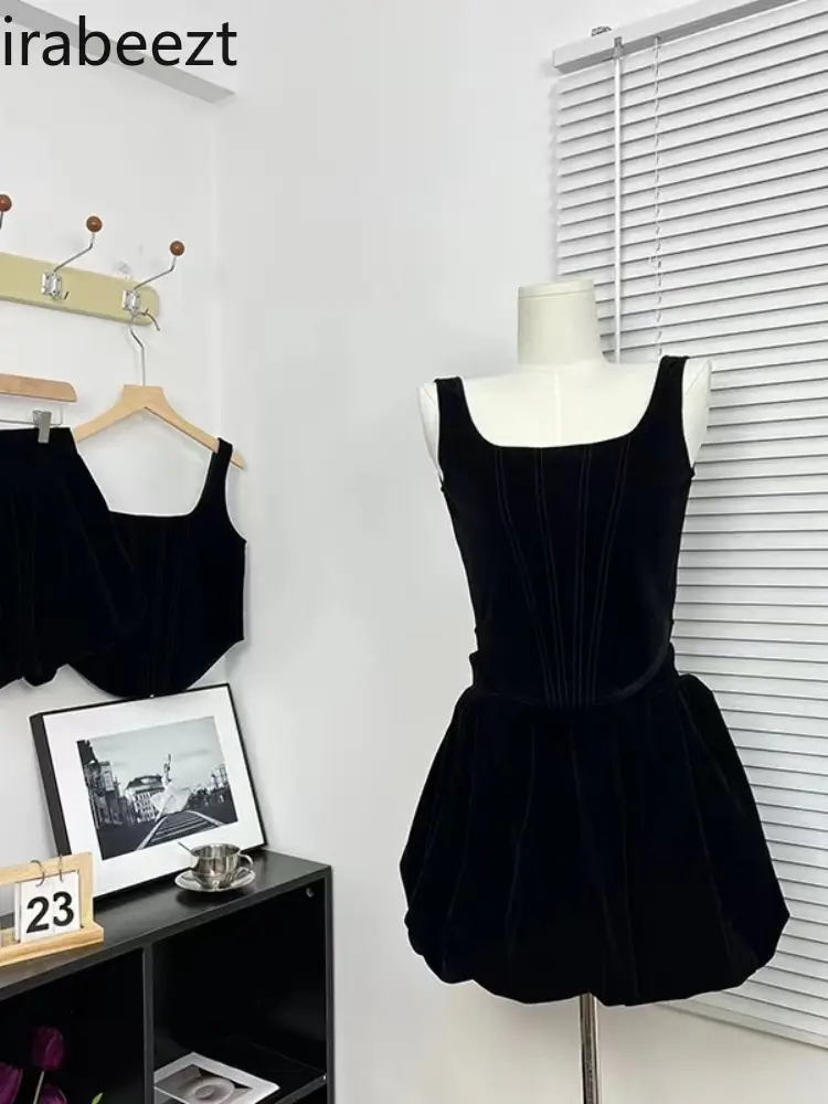 Homemade Dark Ballet Design Fishbone Top Velvet High-waisted A-line Skirt Female Flower Buds Peng Peng Skirt Suit