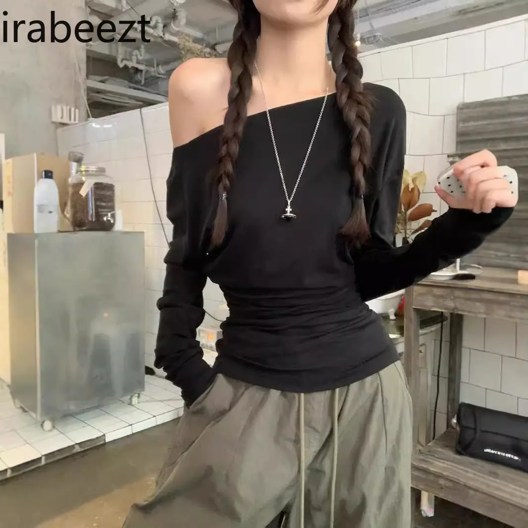 Hot Girl's Off-shoulder Design Irregular Long-sleeved T-shirt for Women Early Autumn Wear Slim-fitting Bottoming Shirt Top