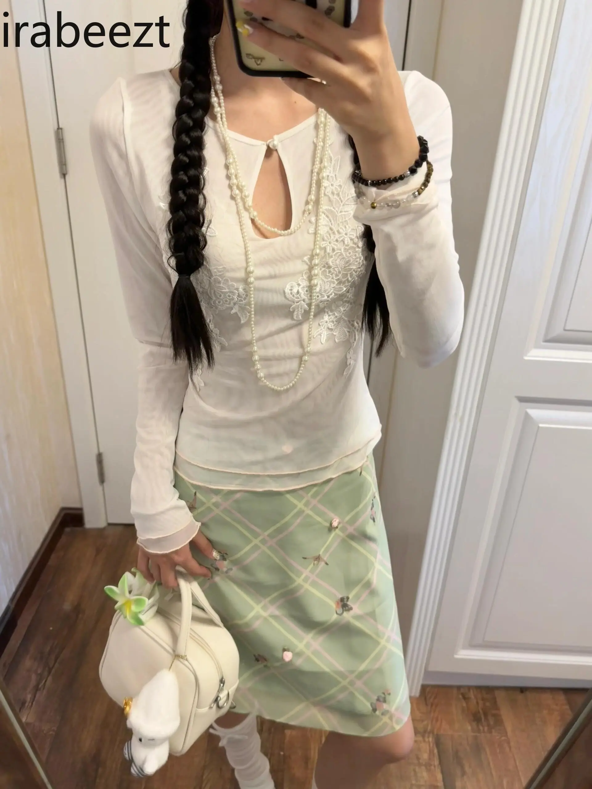 Romantic French Mint Mambo Plaid A-line New Summer Skirt Retro Hot Girl Regulai Fit Y2k Clothes Faldas Mujer Moda 2025