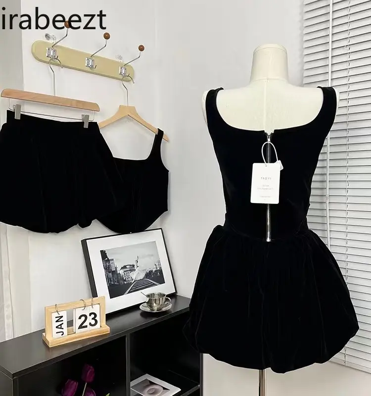 Homemade Dark Ballet Design Fishbone Top Velvet High-waisted A-line Skirt Female Flower Buds Peng Peng Skirt Suit
