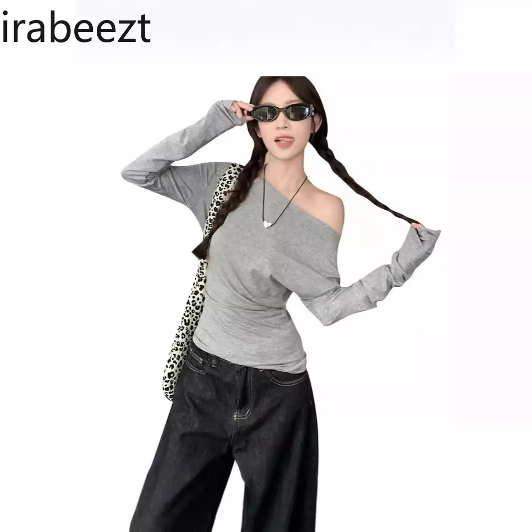 Hot Girl's Off-shoulder Design Irregular Long-sleeved T-shirt for Women Early Autumn Wear Slim-fitting Bottoming Shirt Top
