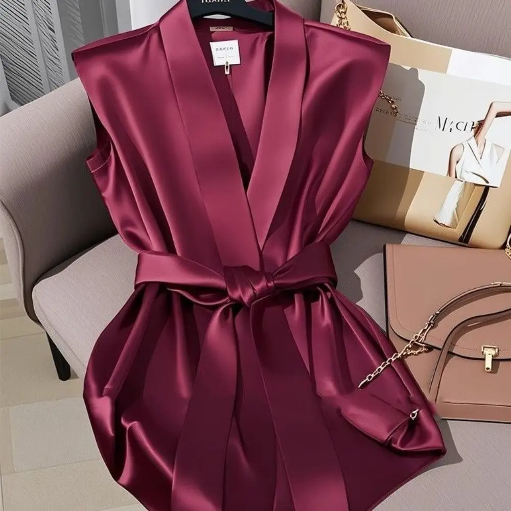 Autumn Style High-end Chic Top Light and Mature French Niche Design Burgundy Sleeveless Waist Slimming Shirts for Women