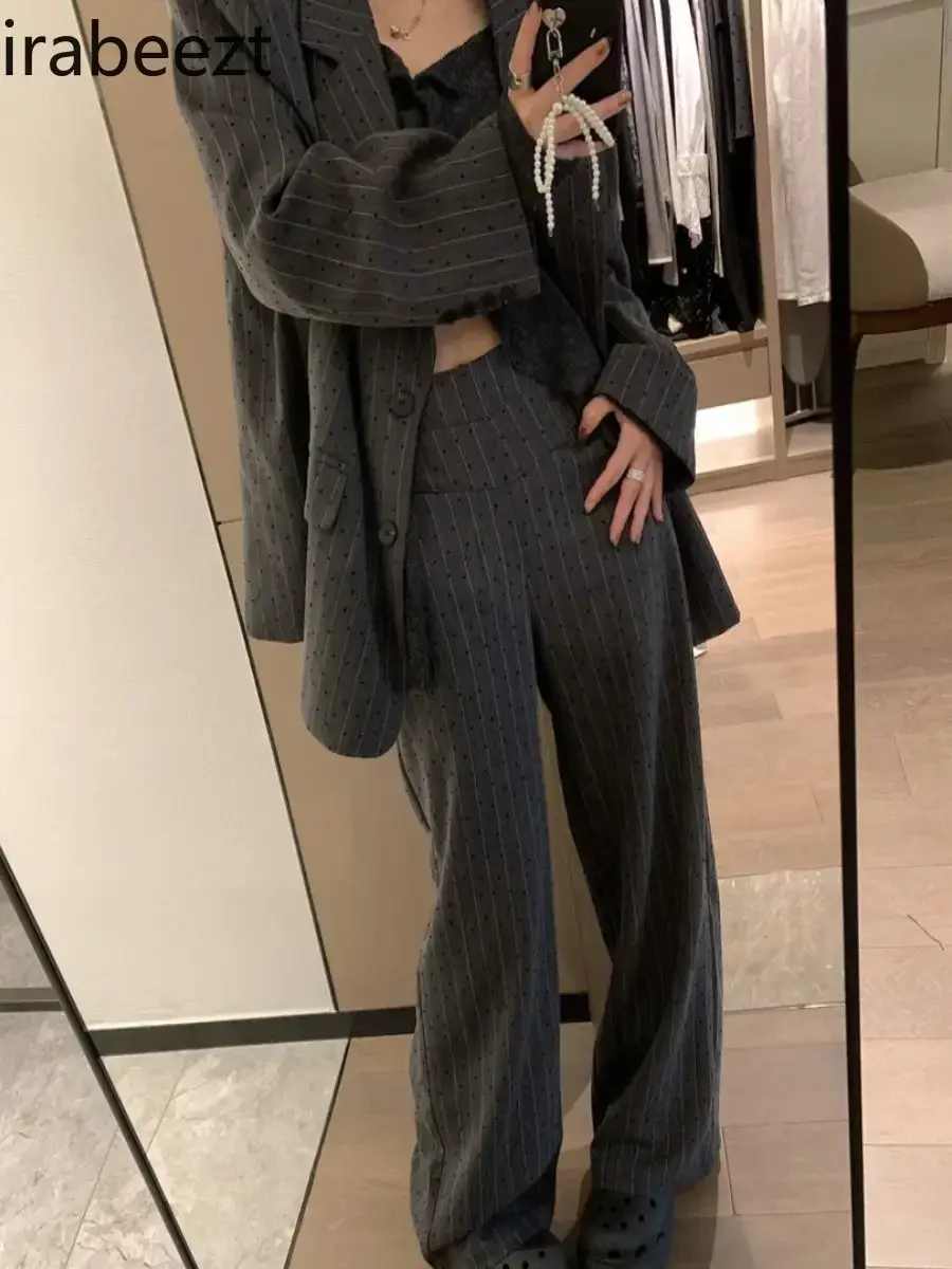 Grey Polka-dot Stripe Suit Jacket Women Coats 2025 Spring New Casual Loose Silhouette Retro Blazer Women Outwear Clothing