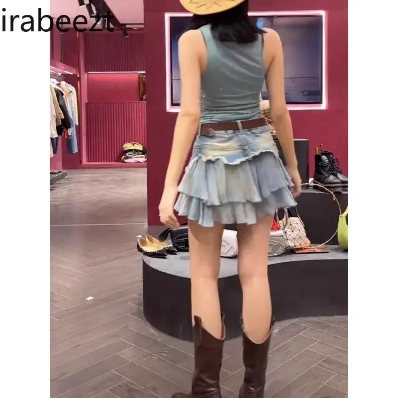 Ladies Skirts Summer New Personalized Spicy Girl Spliced High Waisted Denim A-Line Raw Edge Pleated Short Skirt Women's Clothing