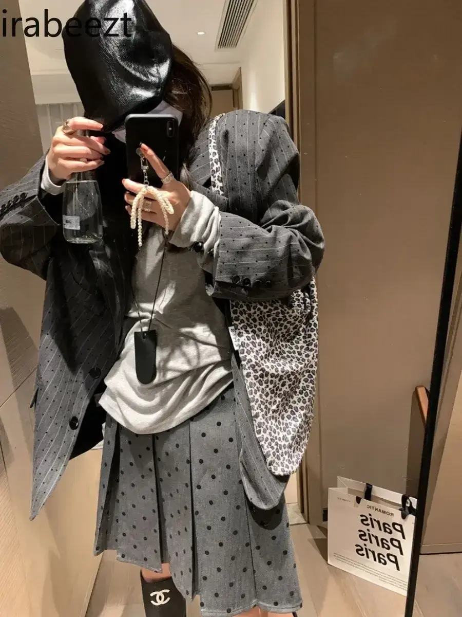 Grey Polka-dot Stripe Suit Jacket Women Coats 2025 Spring New Casual Loose Silhouette Retro Blazer Women Outwear Clothing