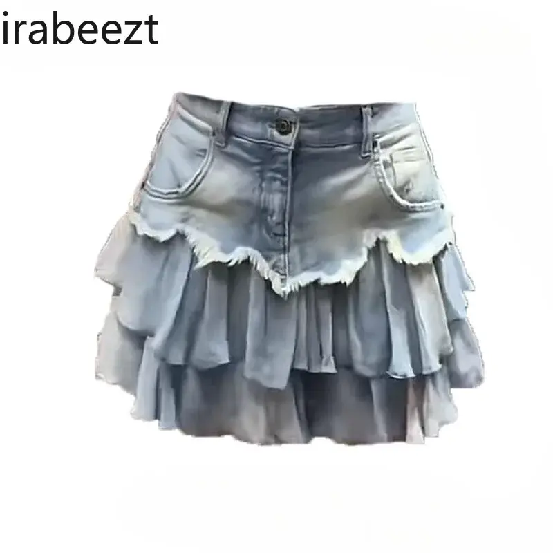 Ladies Skirts Summer New Personalized Spicy Girl Spliced High Waisted Denim A-Line Raw Edge Pleated Short Skirt Women's Clothing