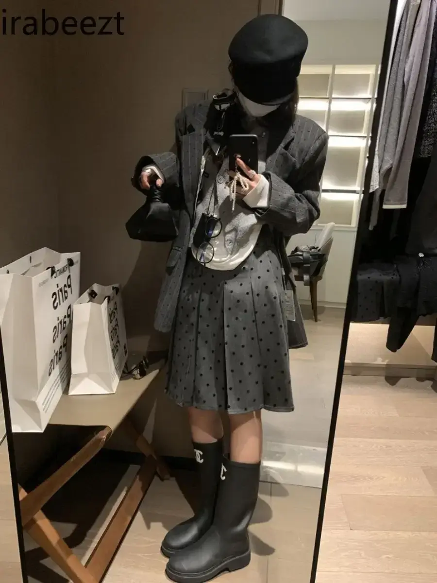 Grey Polka-dot Stripe Suit Jacket Women Coats 2025 Spring New Casual Loose Silhouette Retro Blazer Women Outwear Clothing