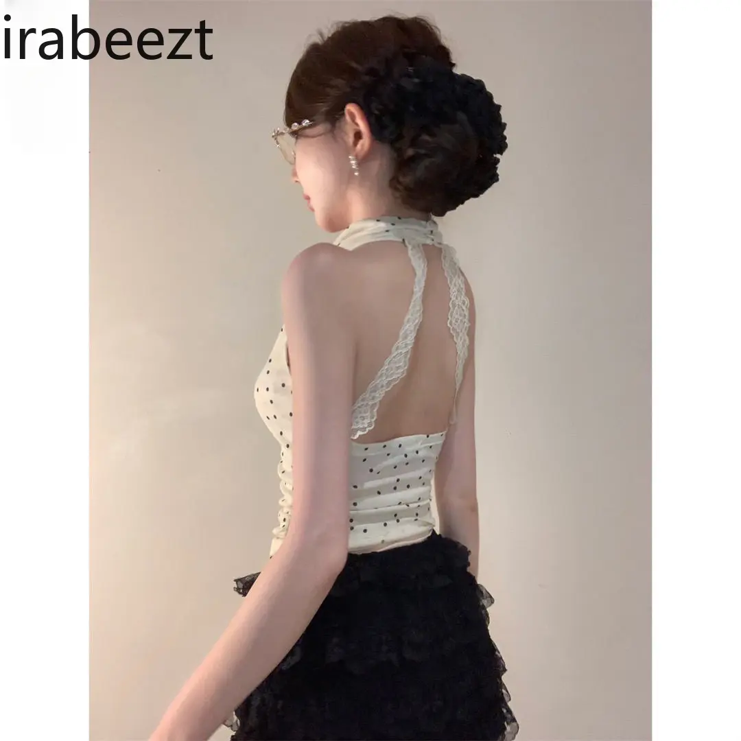 Women's Summer New Design Chic Sexy Lace Halter Sleeveless Top Vintage China Polka Dot Hanging Neck Swing Neck Vest