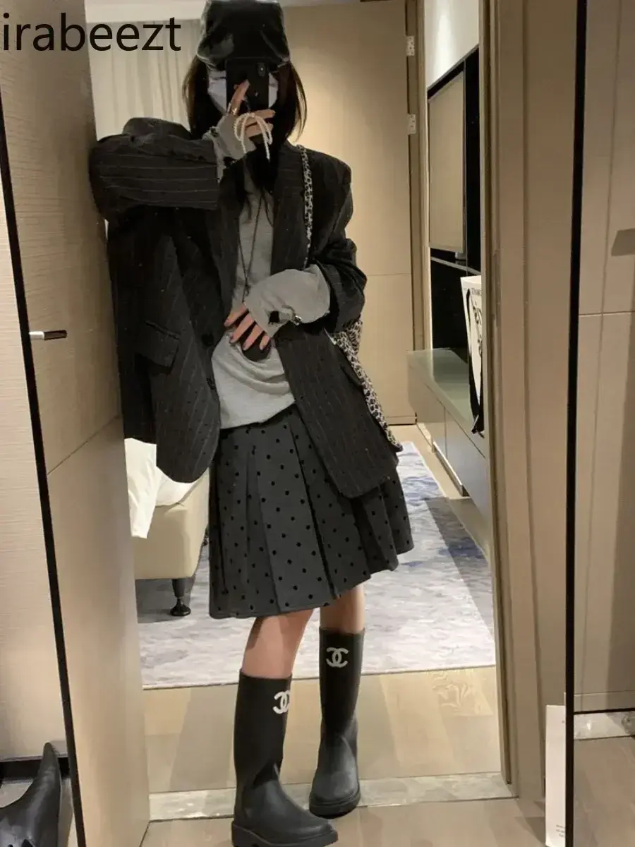 Grey Polka-dot Stripe Suit Jacket Women Coats 2025 Spring New Casual Loose Silhouette Retro Blazer Women Outwear Clothing