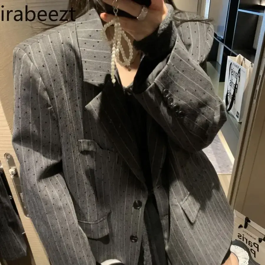 Grey Polka-dot Stripe Suit Jacket Women Coats 2025 Spring New Casual Loose Silhouette Retro Blazer Women Outwear Clothing