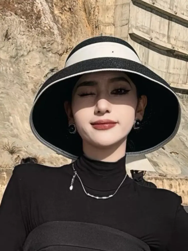 Hepburn Brim Hat Beach Straw Hat Women's Vacation Beach Visor Widened Ocean Look Mainland China Beach Hats Women