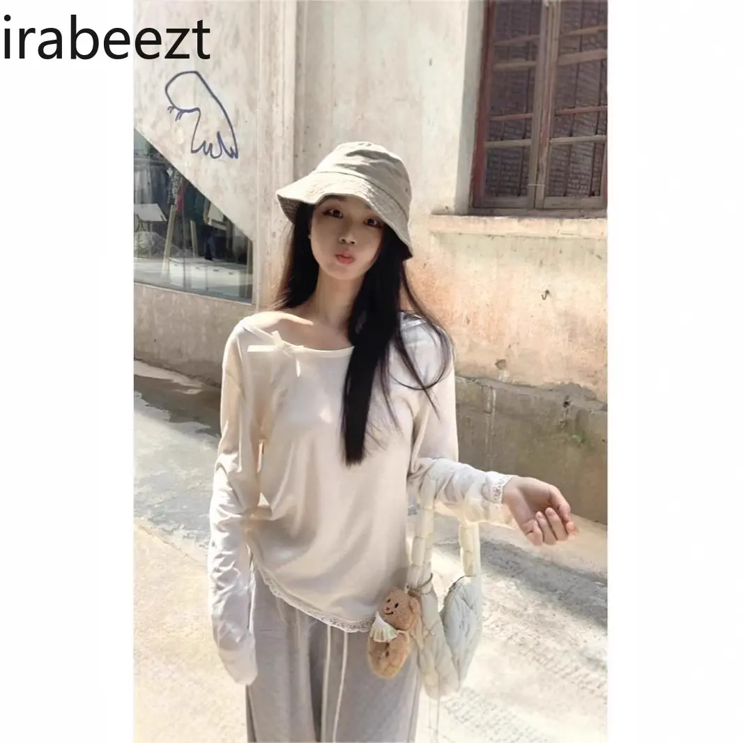 Fashionable Streetwear Bow Lace Long-sleeved T-shirt for Women Spring Loose Blouse with Sweet Design Top