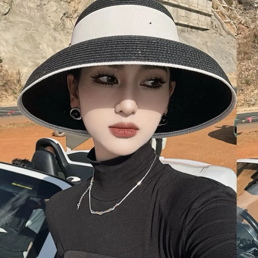 Hepburn Brim Hat Beach Straw Hat Women's Vacation Beach Visor Widened Ocean Look Mainland China Beach Hats Women