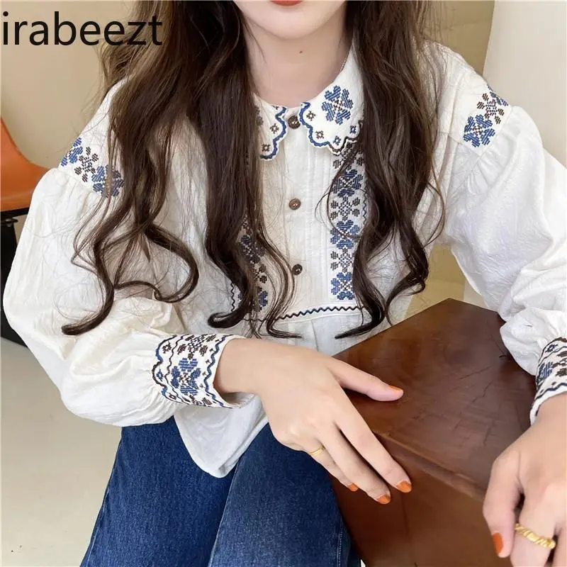 Niche Retro Spring and Autumn Heavy Embroidery Vintage Ethnic Style Lapel Long-sleeved Shirt Women's Puff Sleeve Doll Collar Top