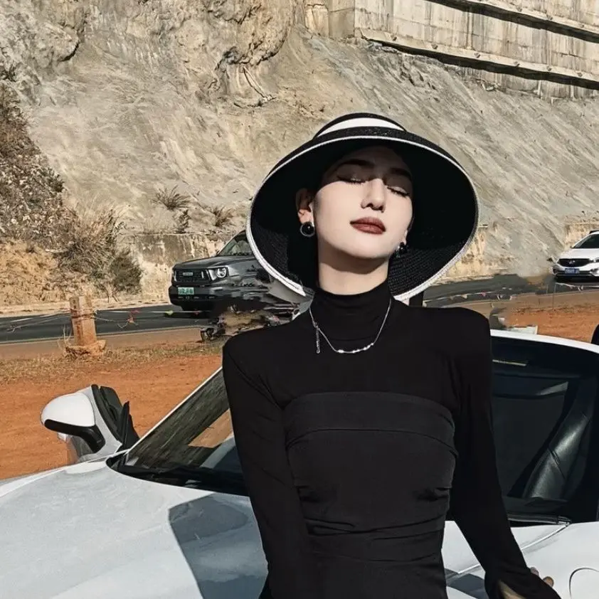 Hepburn Brim Hat Beach Straw Hat Women's Vacation Beach Visor Widened Ocean Look Mainland China Beach Hats Women