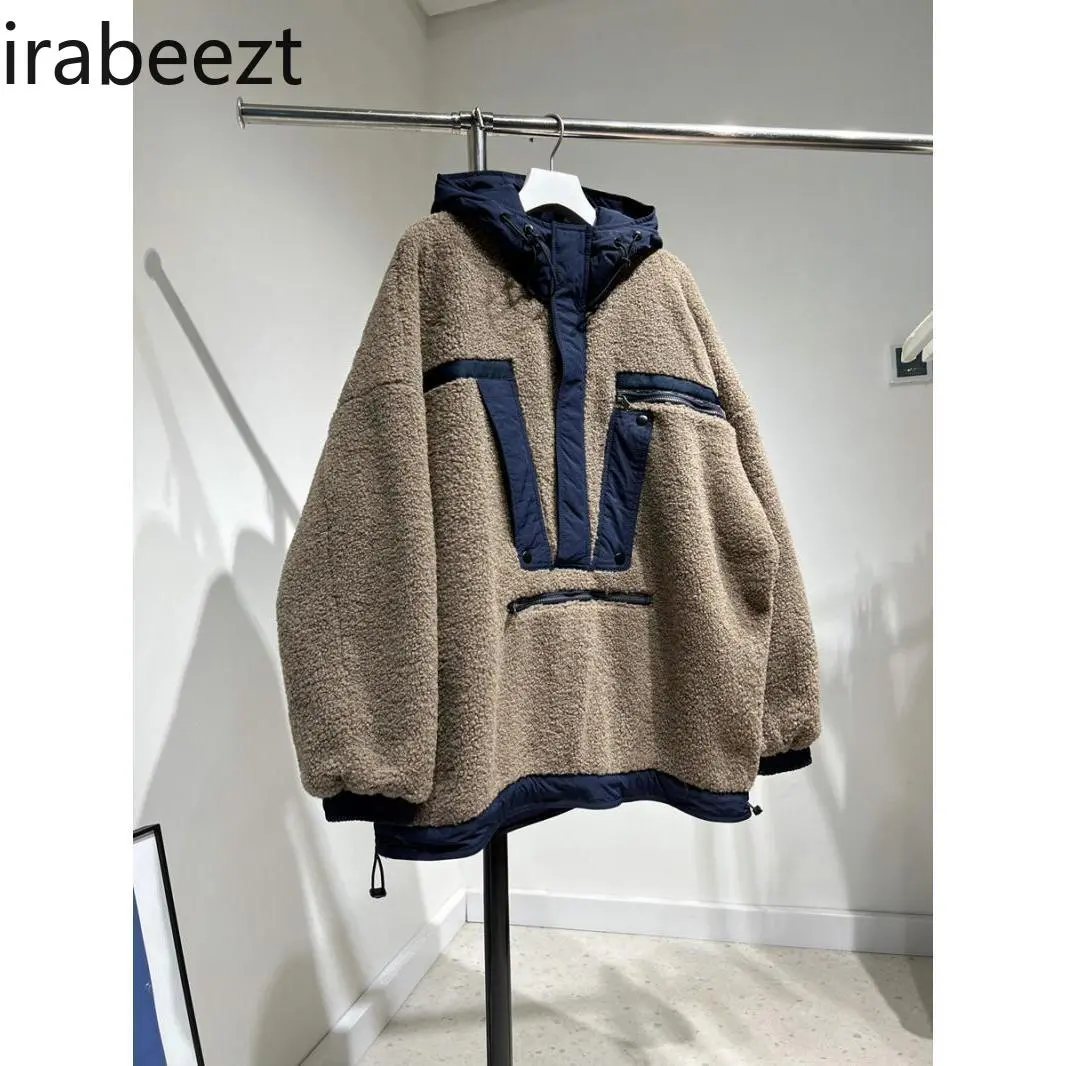 Extra Large Size Cool Warm Cargo Style Lamb Wool Hoodie Men and Women Stitching Half Zip Hooded Jacket Loose Sweatshirt