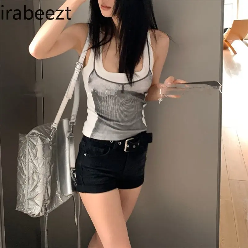 Cotton Inside Wearing Printed Halter Vest Summer New American Retro Slimming Short Blouse Woman Slim Fit Crop Top Women