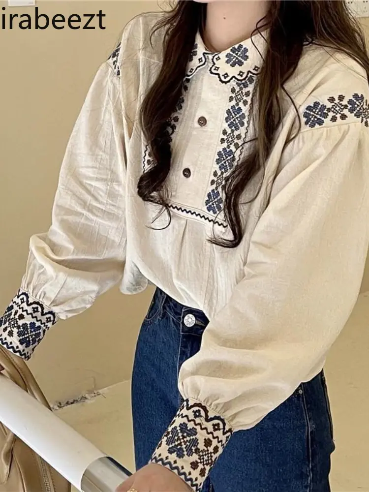 Niche Retro Spring and Autumn Heavy Embroidery Vintage Ethnic Style Lapel Long-sleeved Shirt Women's Puff Sleeve Doll Collar Top